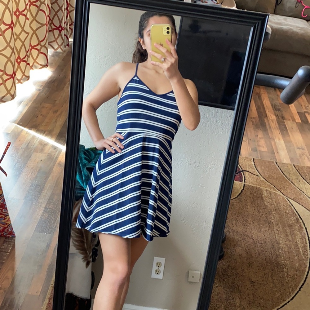 Blue and white striped dress